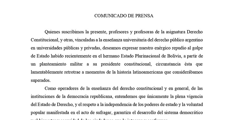 PROFESORES DE DERECHO CONSTITUCIONAL REPUDIAN GOLPE DE ESTADO EN BOLIVIA